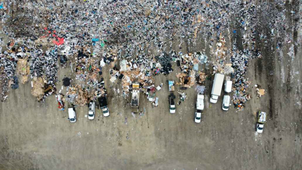 Trash in a landfill with dump trucks visible from above