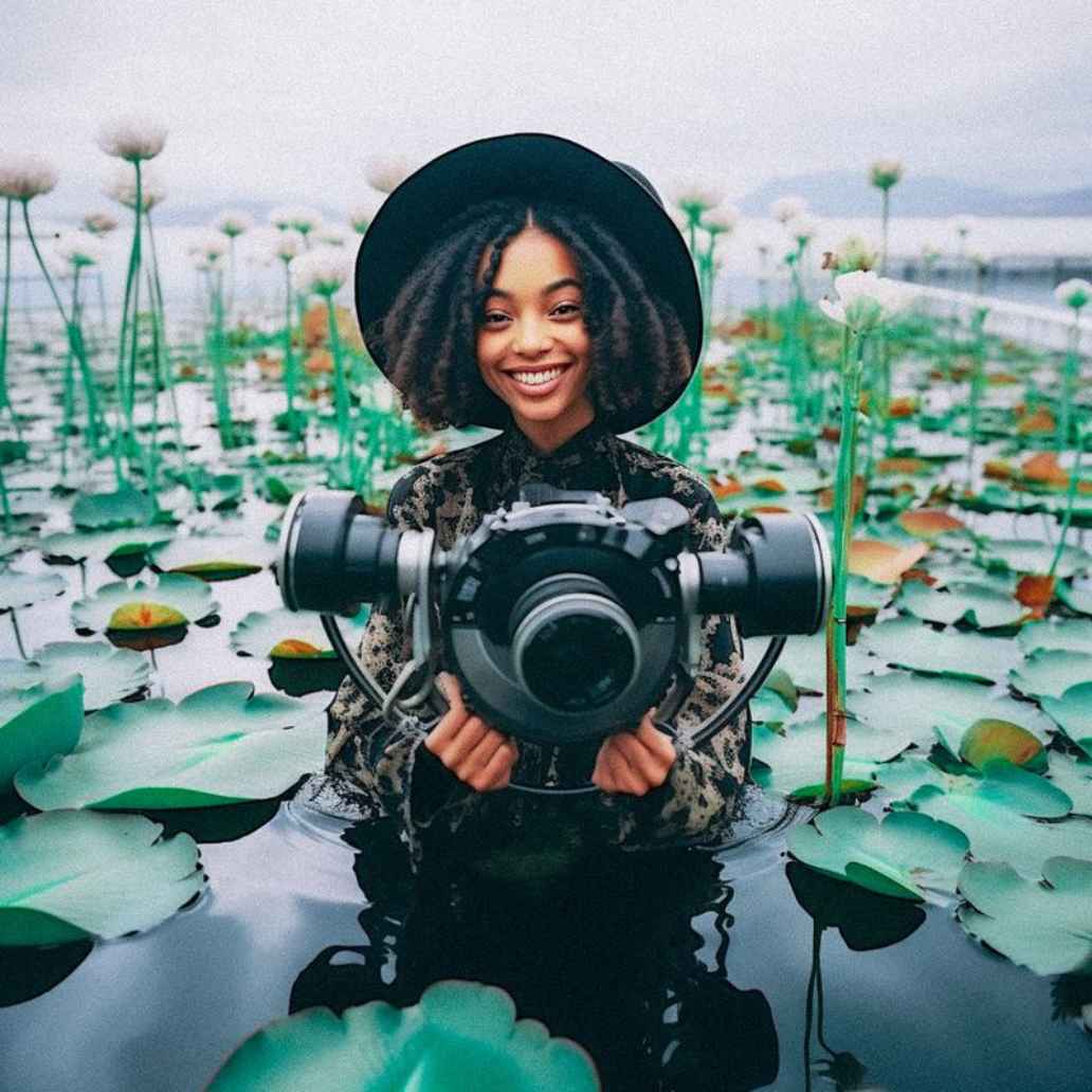 Girl holding camera with 3 lenses while standing waist up in water.